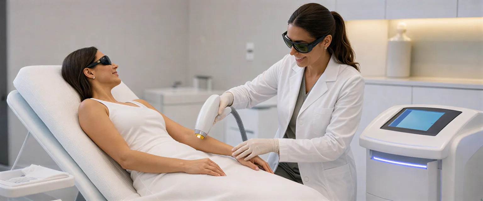 Eine Klientin liegt auf einer Behandlungsliege, während eine Ärztin mit Schutzbrille einen Laserapparat hält.