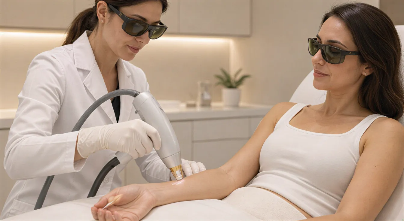 Eine Dermatologietechnikerin führt eine Laser-Haarentfernungsbehandlung an einer entspannten Patientin durch.