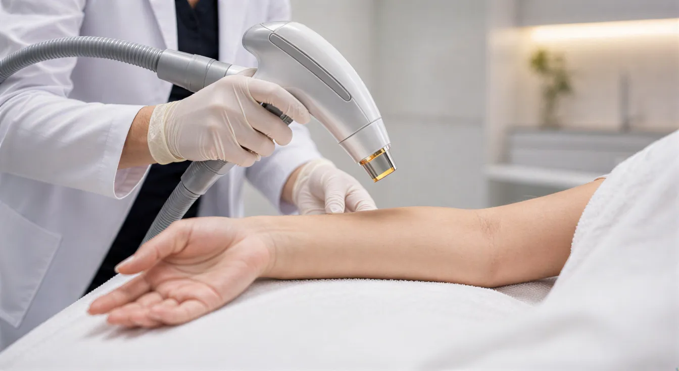 Eine Lasertechnikerin positioniert präzise ein modernes Laser-Handstück über dem Arm eines Patienten.