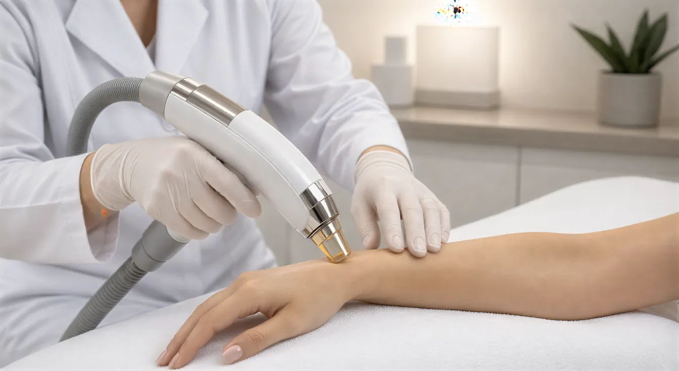 Eine Fachkraft führt eine Laser-Haarentfernungsbehandlung an einem Unterarm in einer modernen Klinik durch.