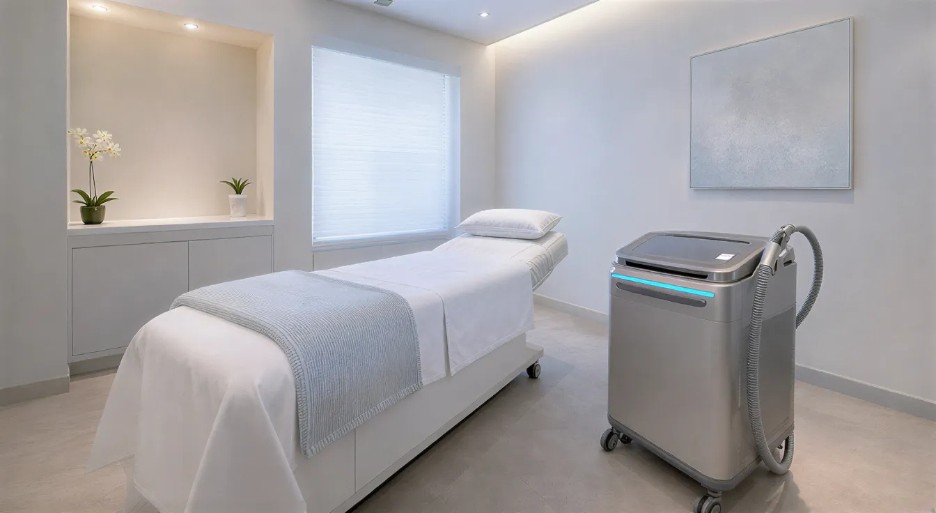Ein moderner Behandlungsraum mit einem weißen Bett und einem Laser auf einem Rollwagen in minimalistischer Klinik.