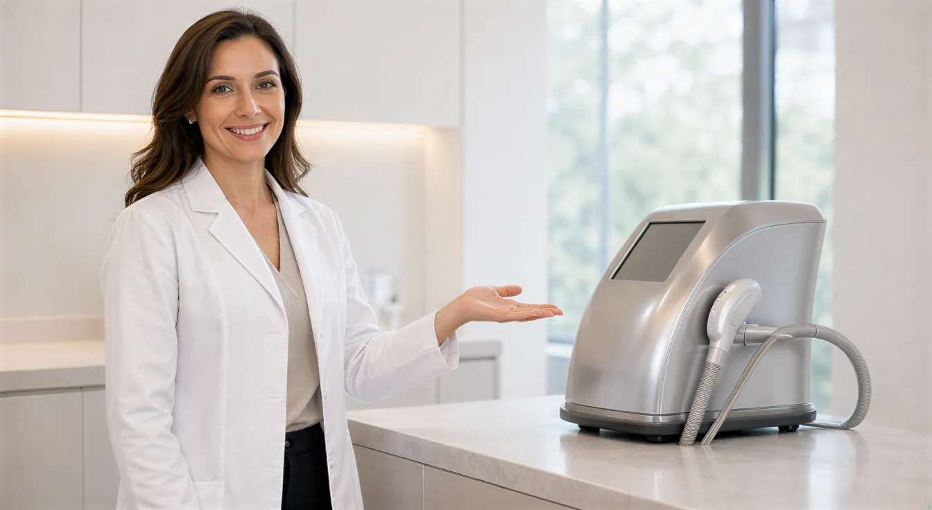 Eine freundliche Dermatologin erklärt in einem modernen Behandlungsraum ein Laser-Gerät.