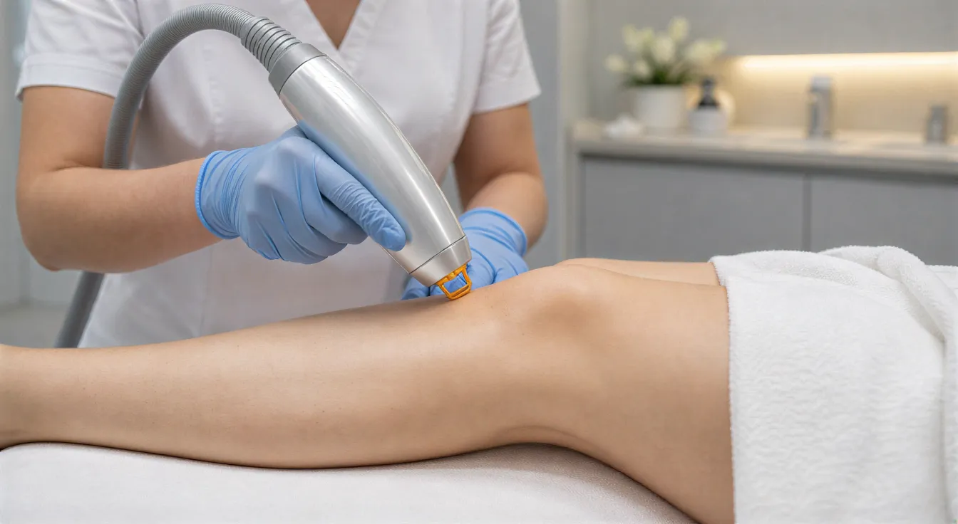 Eine medizinische Fachkraft behandelt mit einem Laserhandstück das Bein eines Patienten in einem sterilen Behandlungsraum.