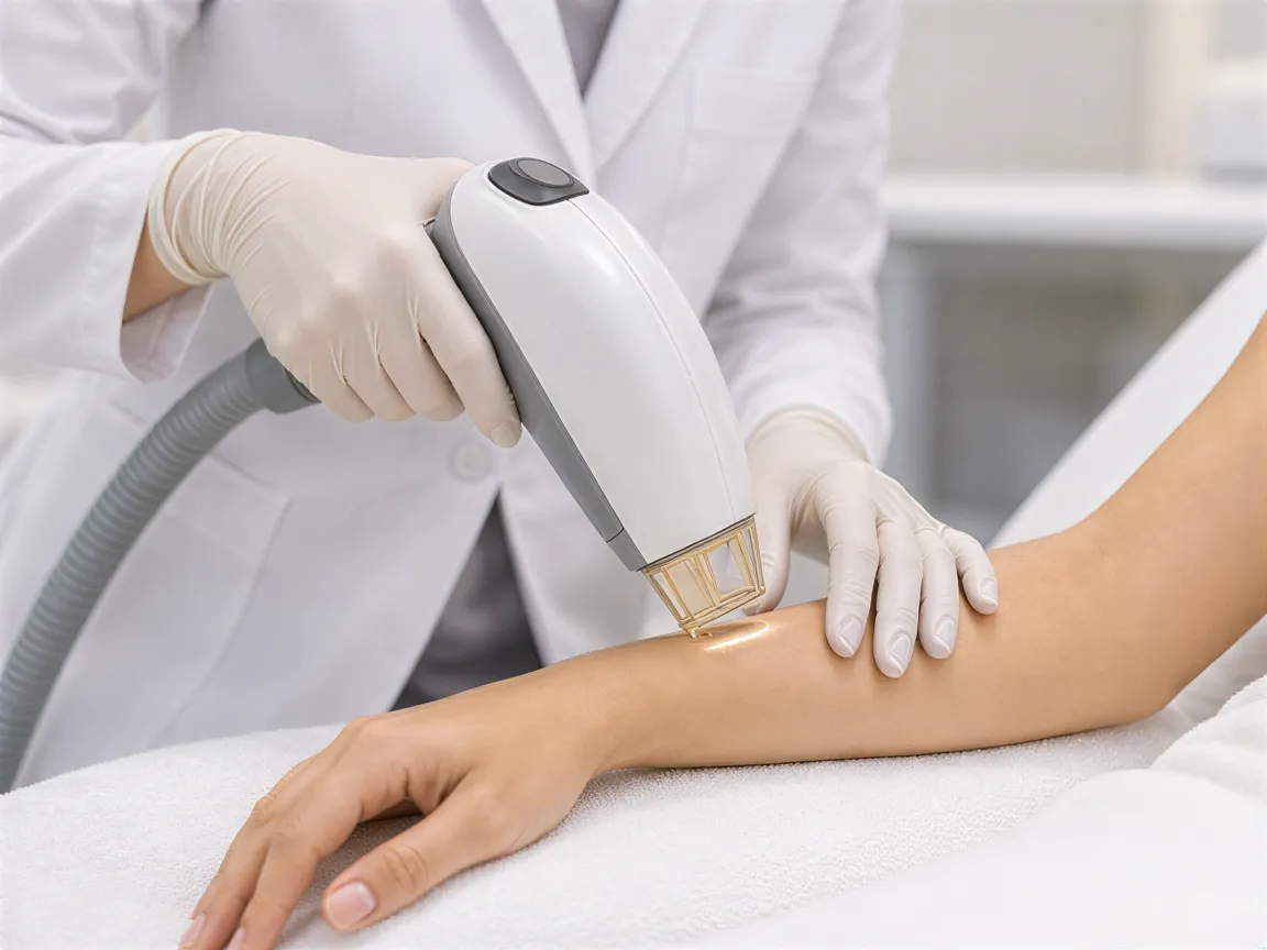 Eine Ärztin behandelt mit einem Laser ein Handgelenk in einem modernen, klinisch sauberen Behandlungsraum.