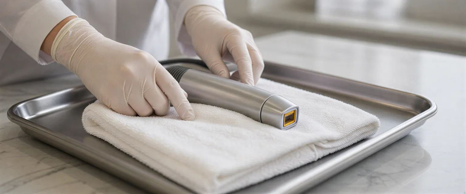 Die behandschuhten Hände einer Fachkraft bereiten einen modernen Laser-Handgriff auf einem sterilen Tablett vor.