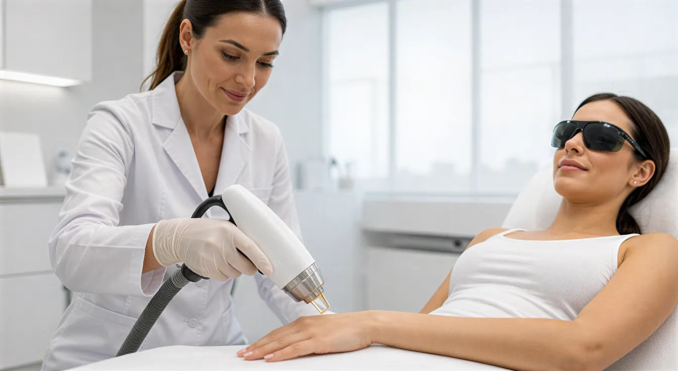 Eine Patientin liegt auf einer Behandlungsliege, während eine Technikerin ein Lasergerät über ihren Arm hält.