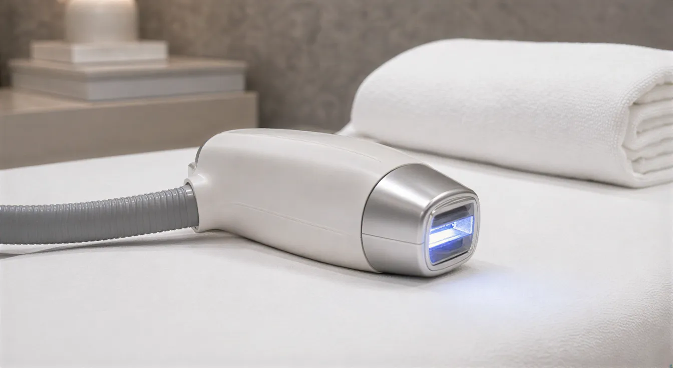 Ein modernes Laser-Haarentfernungsgerät liegt auf einer Behandlungsliege in einem klinisch sauberen Raum.