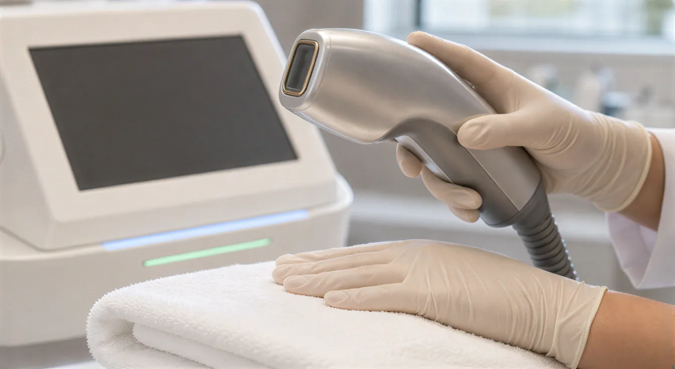 Zwei behandschuhte Hände halten präzise ein poliertes Laser-Handstück auf einem weißen Handtuch.