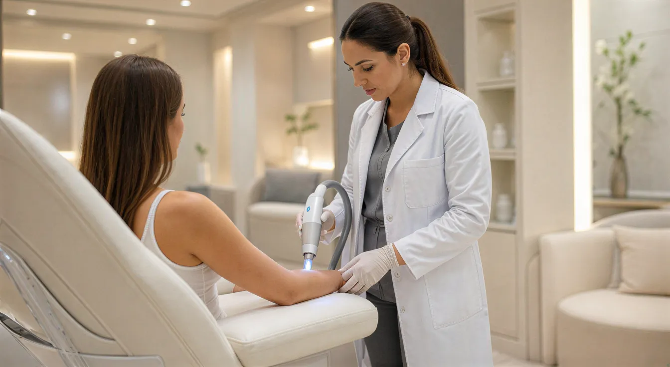 Eine Lasertechnikerin behandelt mit einem modernen Handgerät den Arm einer Klientin in einer ästhetischen Klinik.