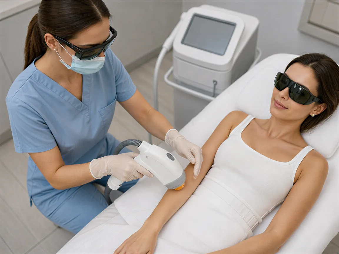 Eine Ärztin behandelt mit einem Handlaser den Unterarm einer Patientin in einem modernen Behandlungsraum.