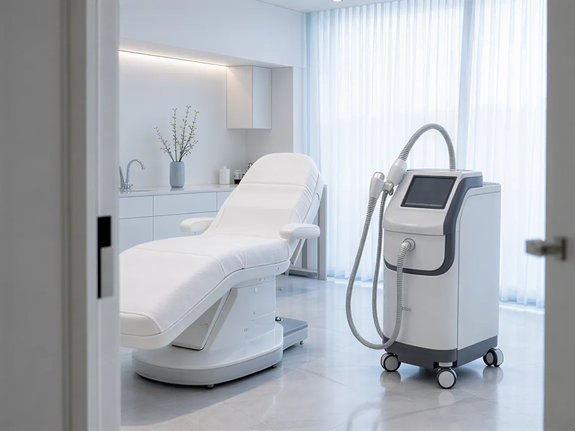 Ein moderner Behandlungsraum mit Laser-Gerät, weißem Behandlungstisch und minimalistischer Einrichtung in ruhigem Ambiente.