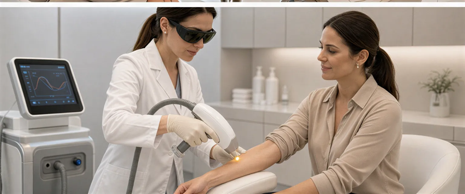 Eine Ärztin führt eine Laserepilation am Unterarm einer entspannten Patientin in einem modernen Behandlungsraum durch.