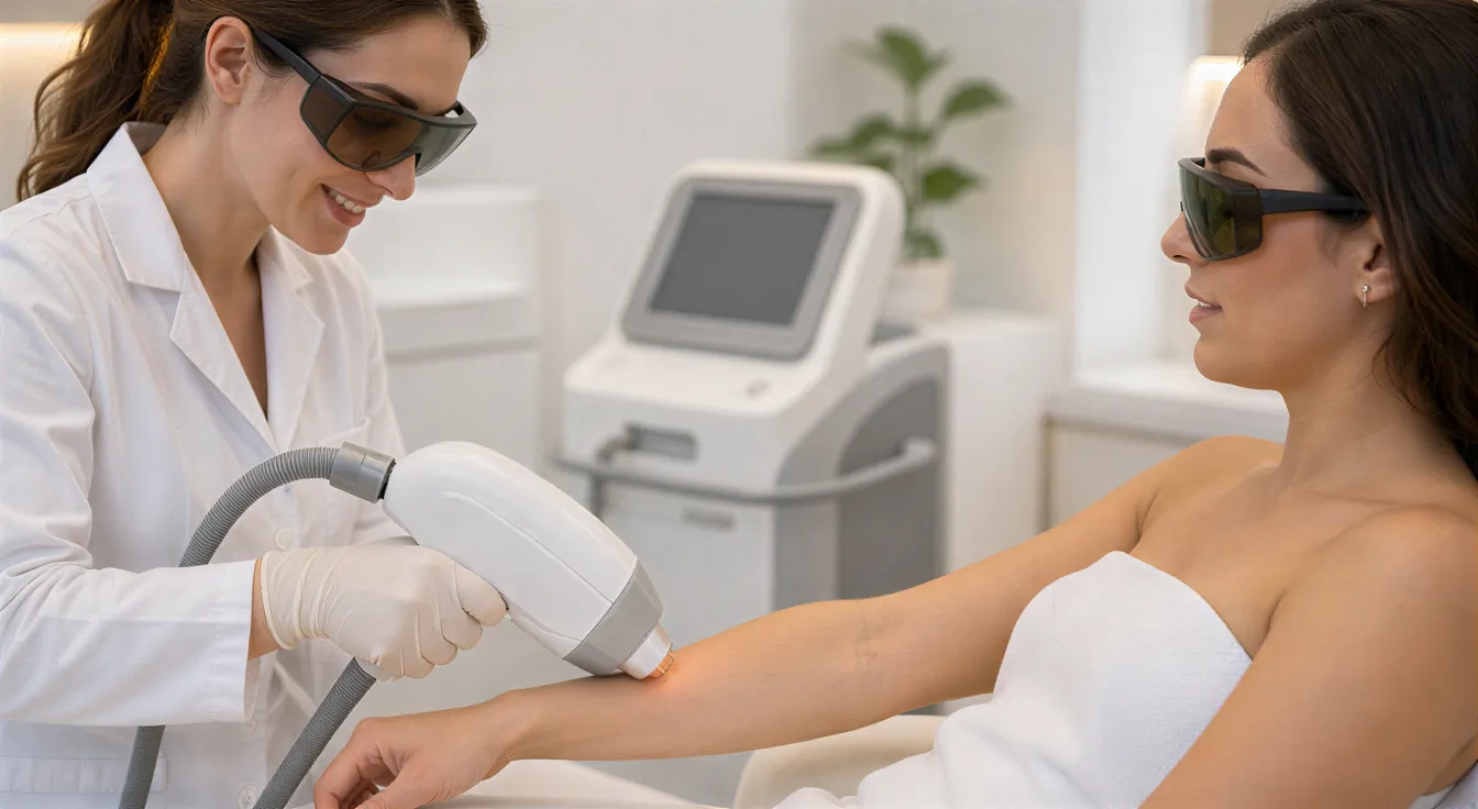 Eine Lasertechnikerin behandelt mit einem Handgerät den Unterarm einer Klientin in einer sterilen Behandlungskabine.