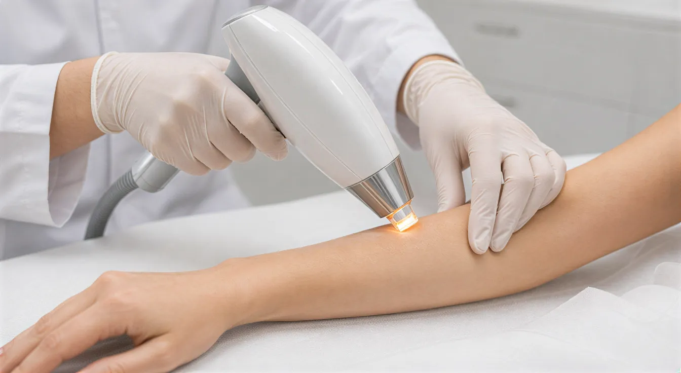 Eine Dermatologin führt mit einem Laserhandstück eine Haarentfernungsbehandlung an einem Unterarm durch.