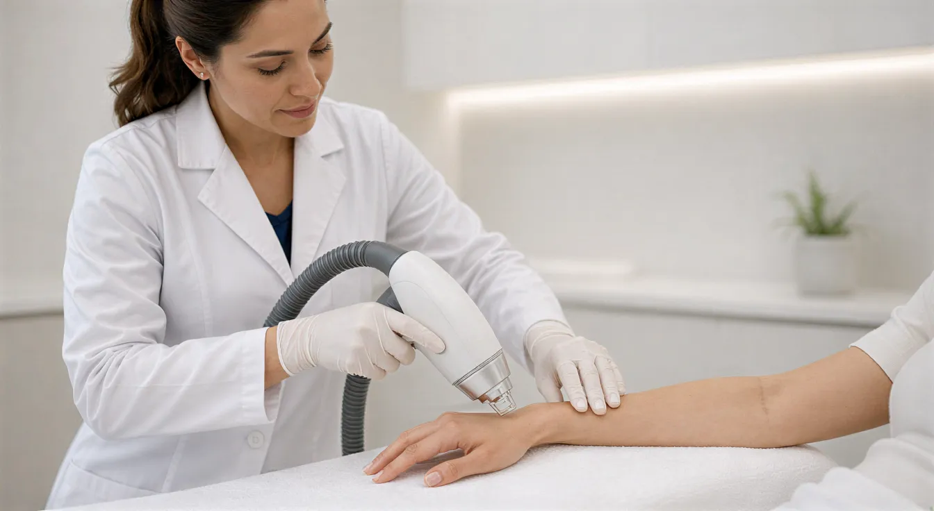Eine Ärztin führt eine Laser-Haarentfernungsbehandlung an einem entspannten Arm in einem modernen Behandlungsraum durch.