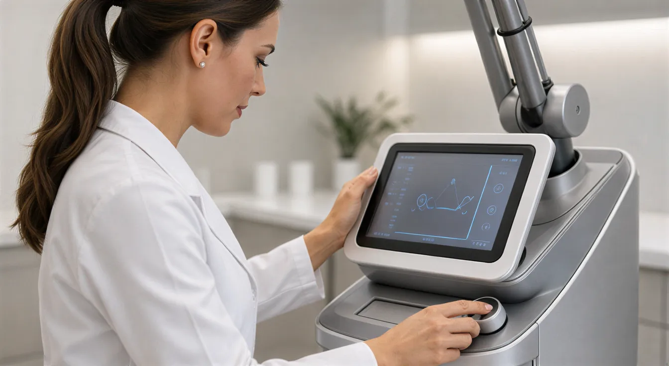 Eine Ärztin in weißem Kittel kalibriert präzise ein modernes Laserhaarentfernungsgerät in einer Klinik.
