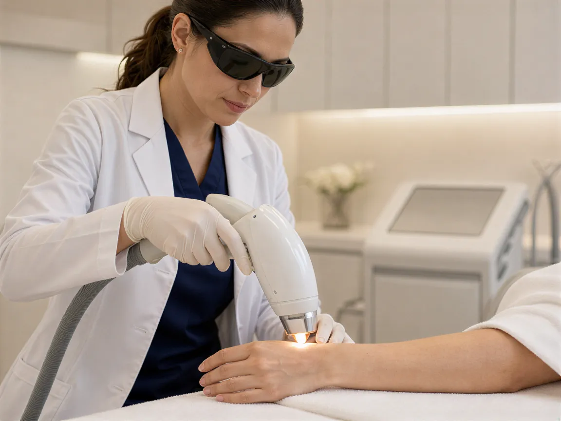 Eine Lasertechnikerin führt mit einem Handgerät eine Haarentfernungsbehandlung am Unterarm einer Klientin durch.