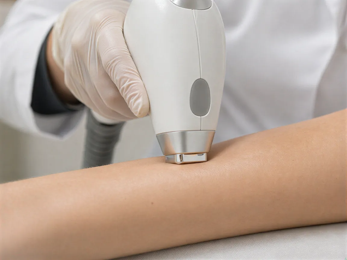 Eine Hand hält ein modernes Laserhaarentfernungsgerät sanft gegen die glatte Haut eines Unterarms.