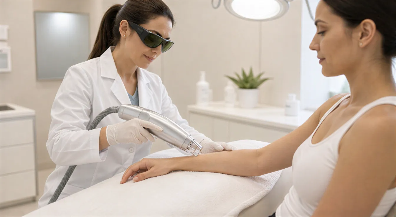 Eine Technikerin führt eine Laserbehandlung an der Hand einer Klientin in einem sterilen Behandlungsraum durch.