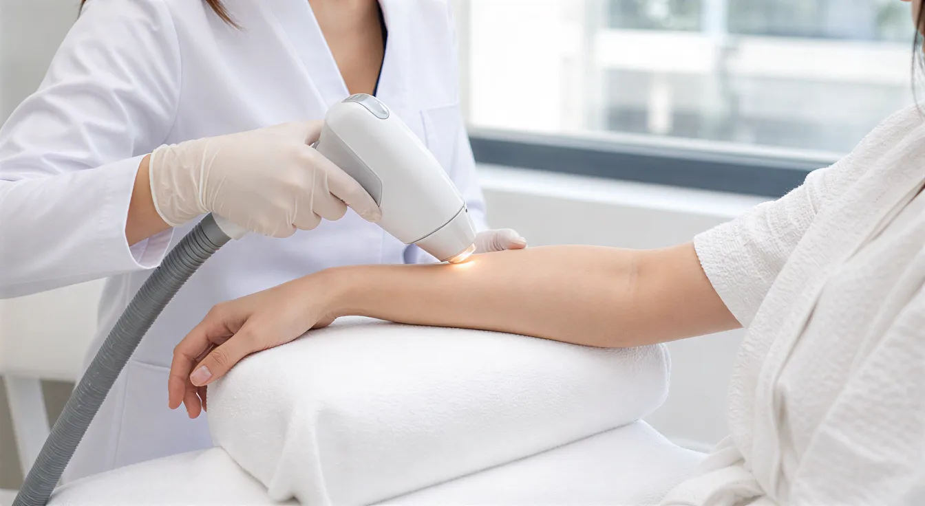 Eine Ästhetikerin führt mit einem modernen Laser eine Haarentfernungsbehandlung am Arm einer Klientin durch.