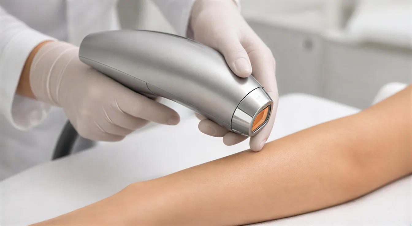 Professionelle Hände halten ein modernes Laser-Handstück über die glatte Haut eines Unterarms in einer klinischen Umgebung.