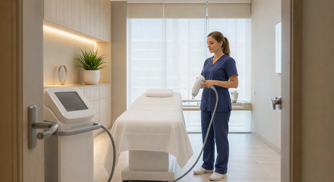 Eine Ästhetikerin in blauen Scrubs bereitet in einem modernen, ruhigen Behandlungsraum eine Laserbehandlung vor.