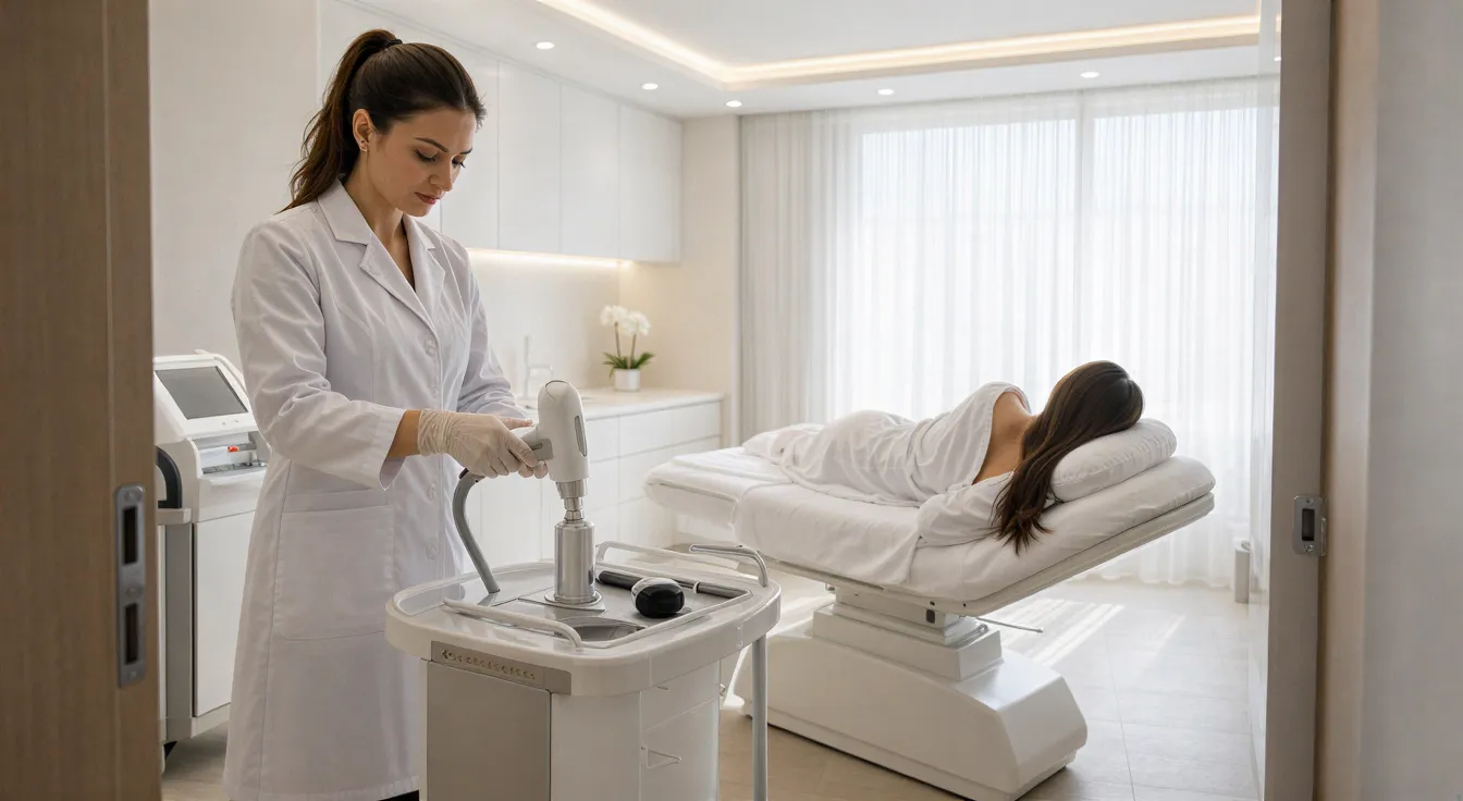 Eine Ärztin bereitet in einer modernen Praxis eine Laserbehandlung für eine Patientin vor.