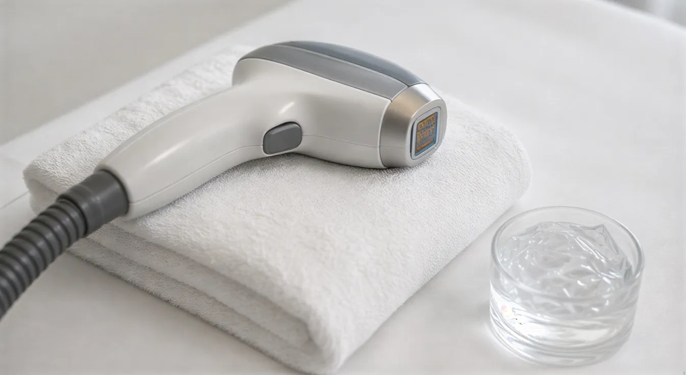 Ein moderner Laser-Handapparat liegt auf einem weißen Handtuch neben einem Behälter mit Kühlgel in einer ruhigen