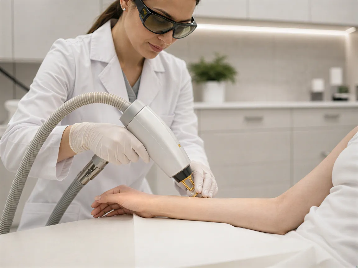 Eine Ästhetikerin in weißem Kittel wendet präzise ein Lasergerät am Unterarm einer entspannten Klientin an.